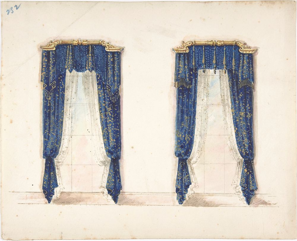 Design for Blue and Gold Curtains with Gold Fringes and a Gold Pediment, Anonymous, British, 19th century