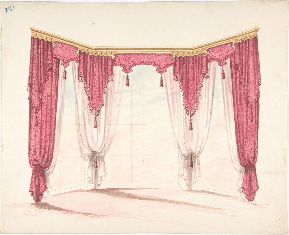 Design for Red Curtains with Red Fringes and a Gold Pediment, Anonymous, British, 19th century