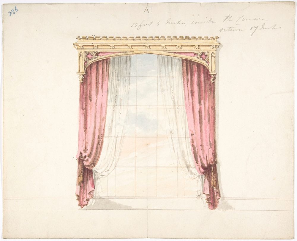 Design for Red Curtains with a Gothic Style Gold Pediment, Anonymous, British, 19th century