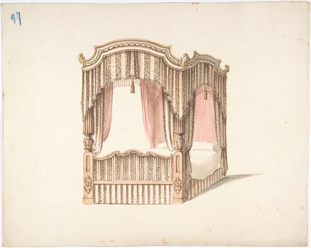 Design for a Curtained Four Poster Bed with Brown, Pink and White Striped Curtains, Anonymous, British, 19th century