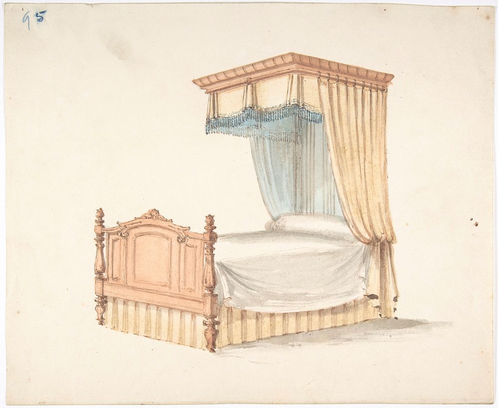 Design for a Bed with Yellow and Blue Fringed Hangings