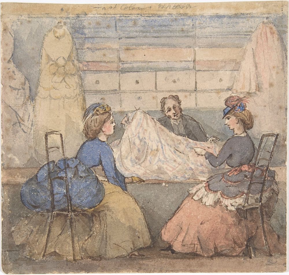 Two Women Looking at Fabric in a Shop, Anonymous, British, 19th century