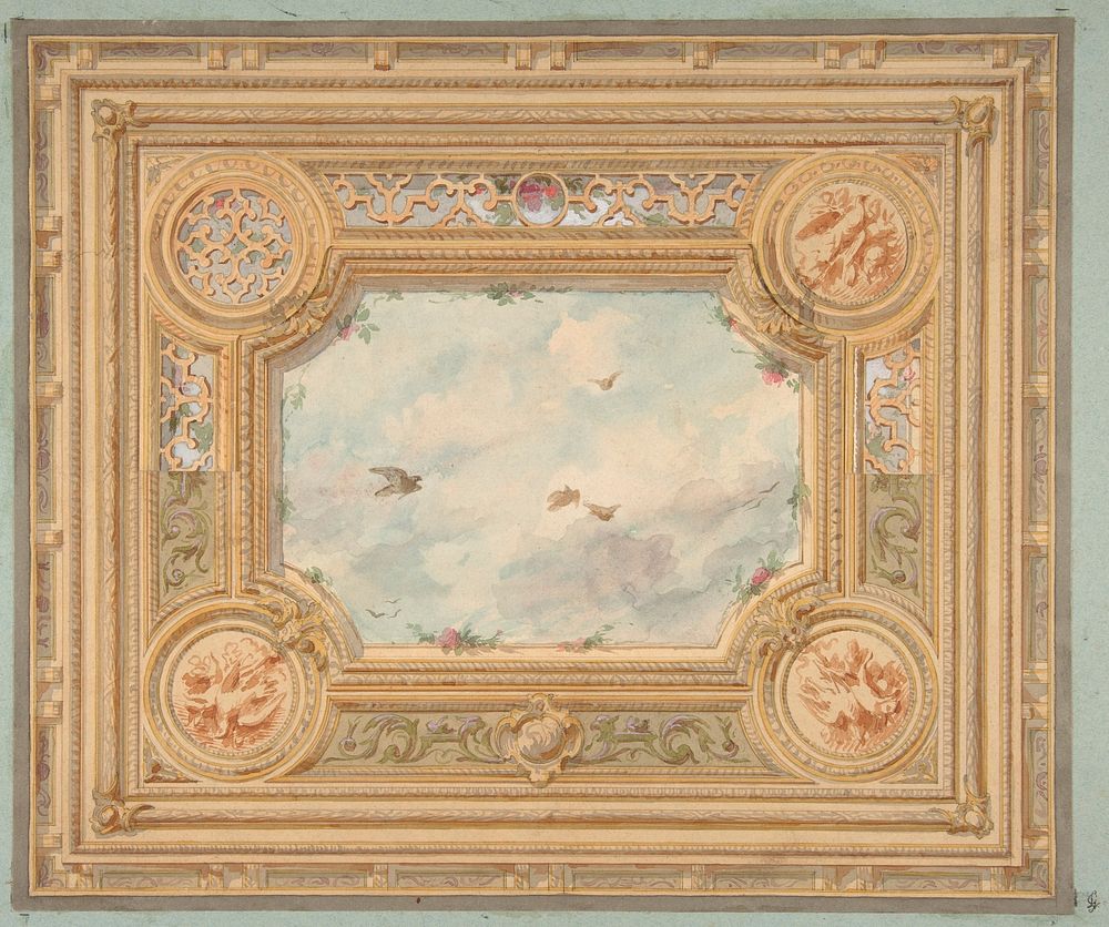 Design for a ceiling with four medallions and sky motif in center by Jules-Edmond-Charles Lachaise and Eugène-Pierre Gourdet