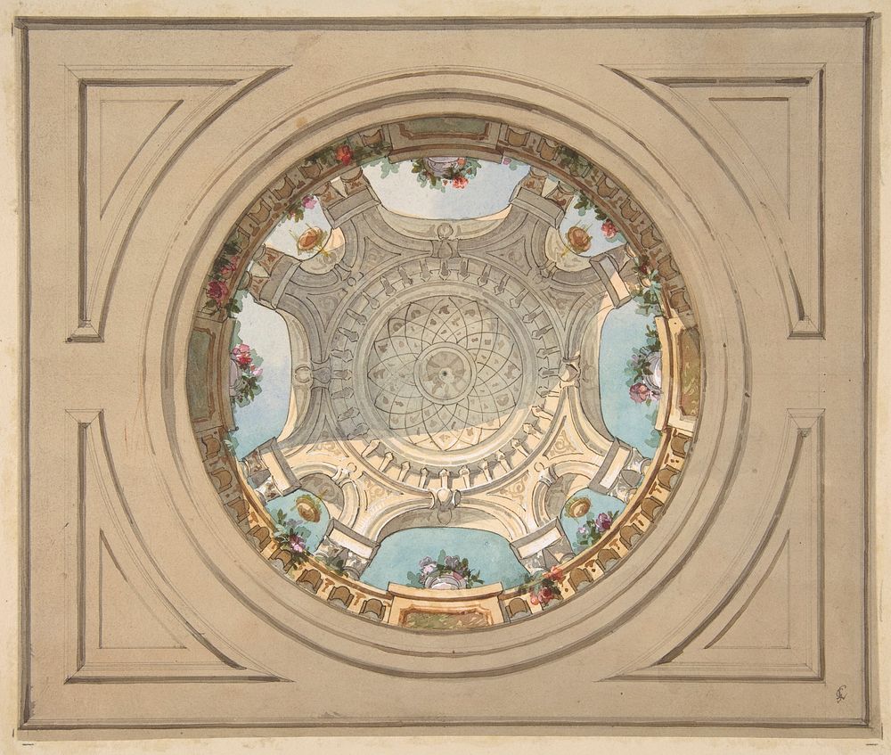 Design for a ceiling with trompe l'oeil balustrade by Jules-Edmond-Charles Lachaise and Eugène-Pierre Gourdet