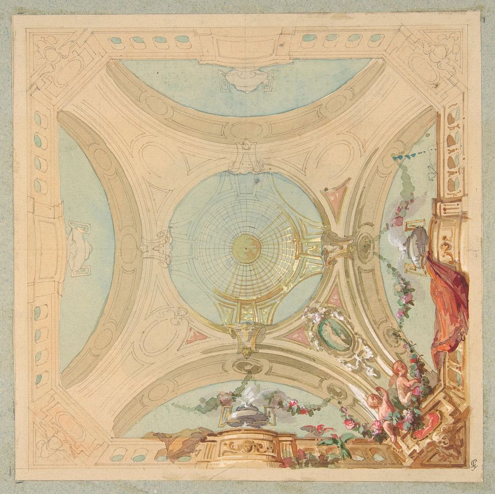 Design for a ceiling with garland bearing putti by Jules-Edmond-Charles Lachaise and Eugène-Pierre Gourdet