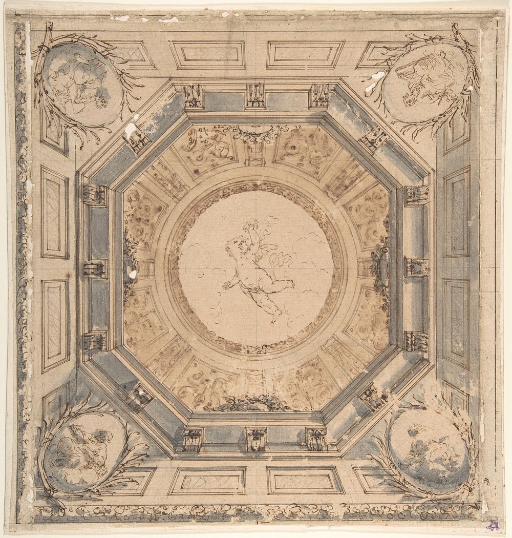 Design for a Square Trompe L'Oeil Ceiling with the Four Evangelists, Anonymous, Italian, Bolognese 18th century artist