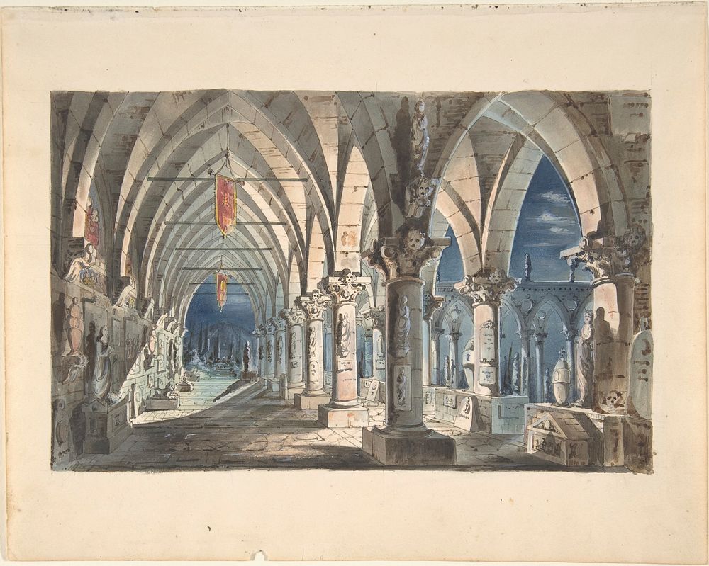 Design for a Stage Set: Cloister at Night, Anonymous, Italian, 19th century