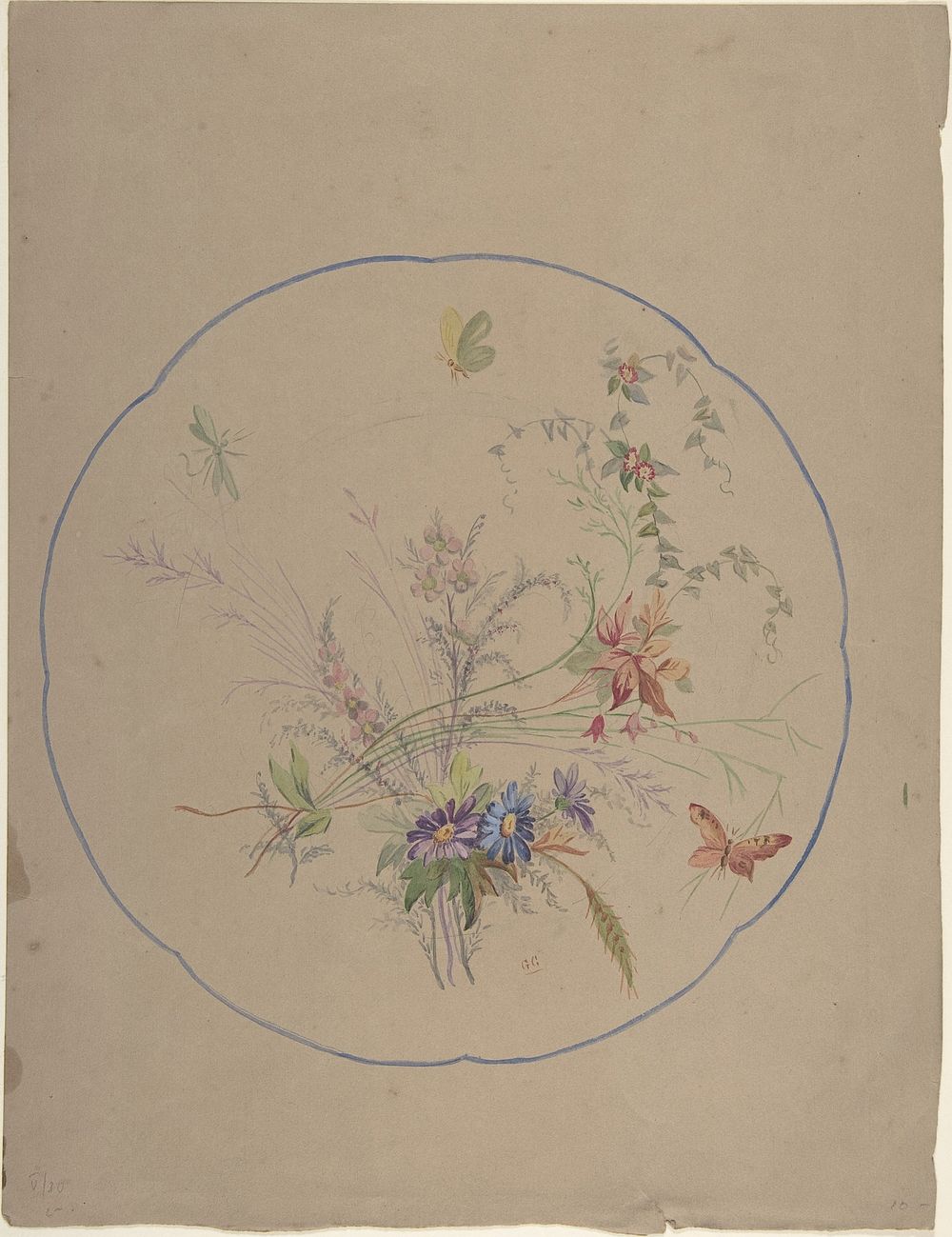 Design of Flower Sprays and Butterflies, Anonymous, Italian, 19th century