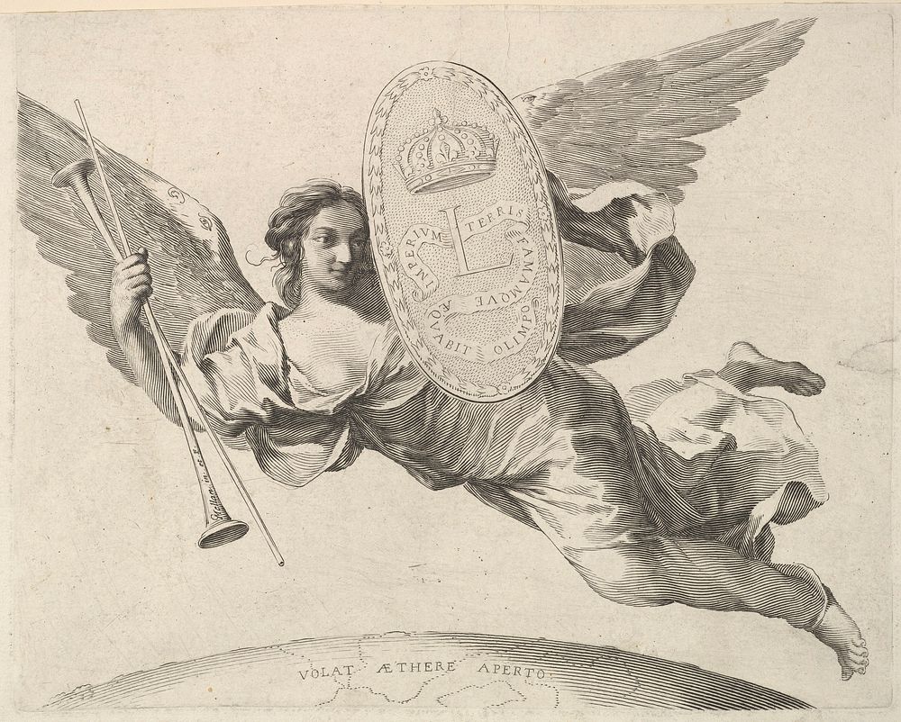 Fame Bearing a Shield with the Initial of Louis XIV (La Renommée volant)
