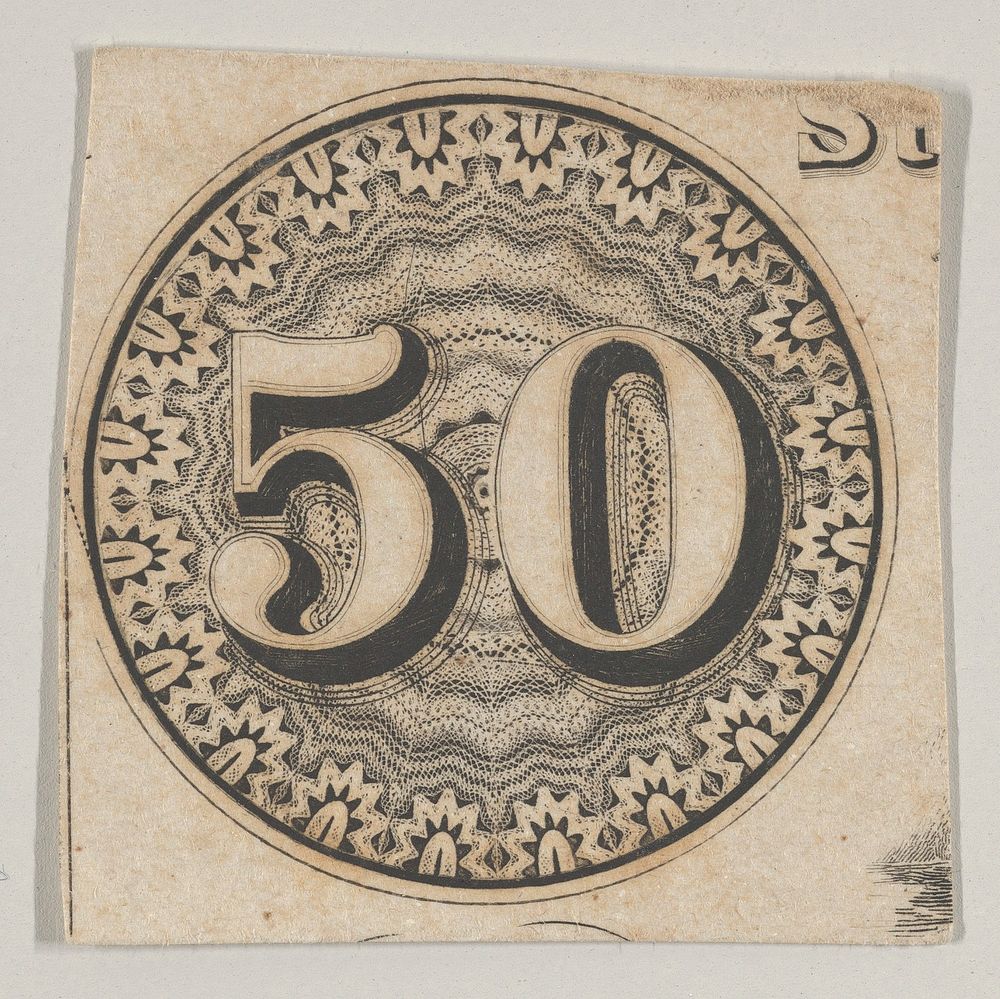 Banknote motif: the number 50 against an ornamental lathe work rondel resembling lace