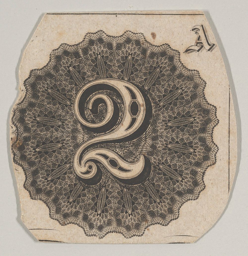 Banknote motif: number 2 against a circular panel of lathe work with a scalloped edge, associated with Cyrus Durand