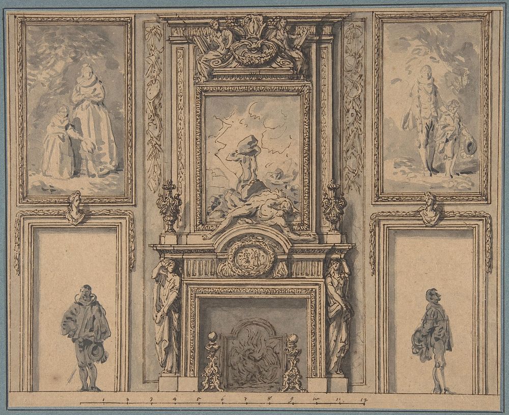 Design for a Wall Decoration with Chimneypiece and Two Figures, attributed to Antoine Le Pautre