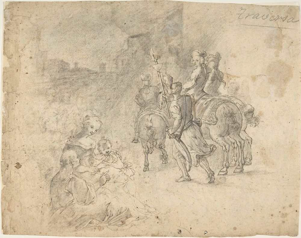 Military Cavaliers Entering Town Accompanied by a Turbaned Torch-bearer. In the foreground: Two Seated Women and a Child…