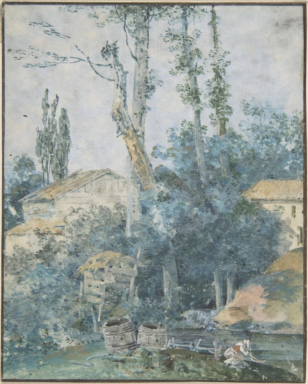 Rustic Scene – A Woman Washing Clothes in a Stream, Anonymous, French, 18th century