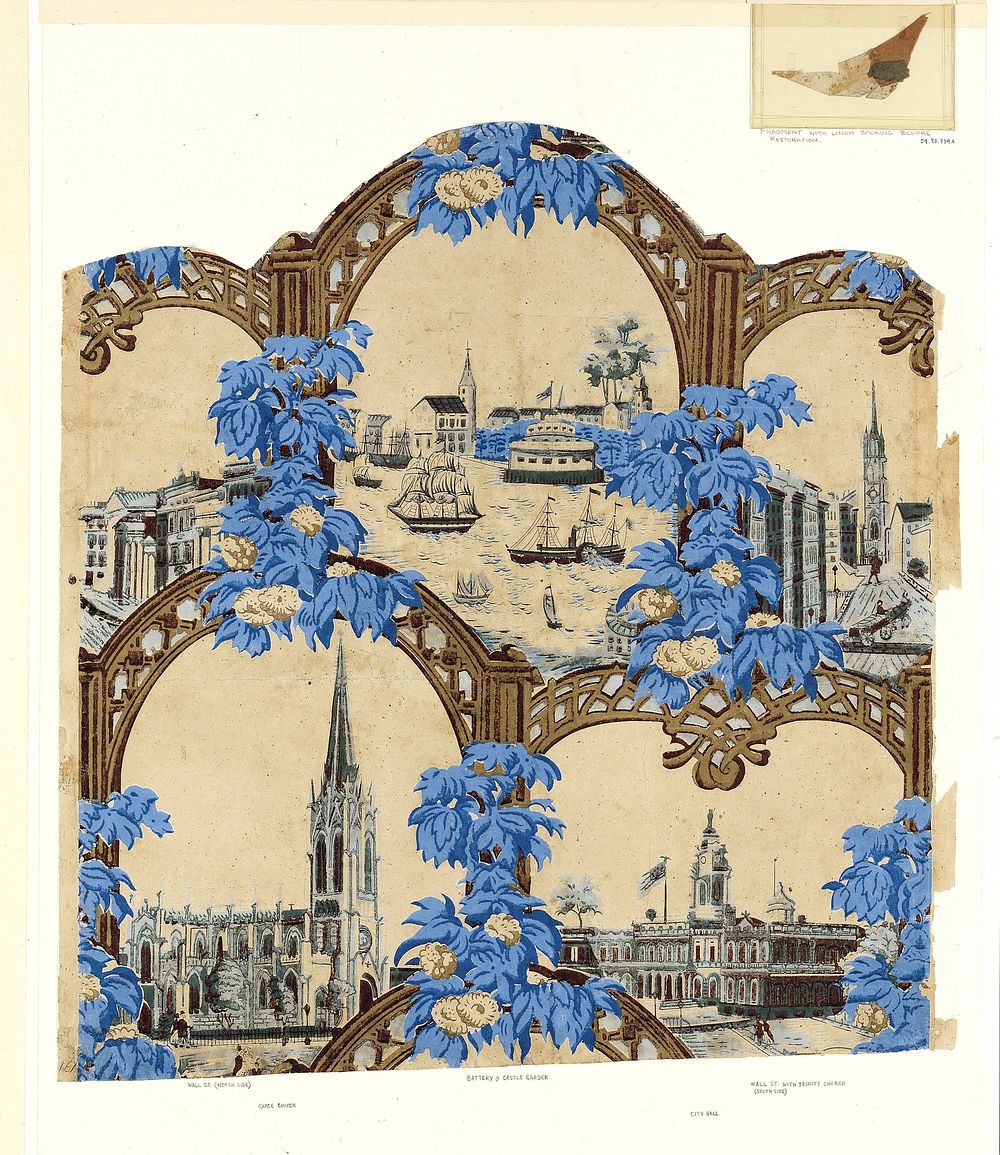 Wallpaper Decorated with New York City Landmarks  by Anonymous, American, 19th century