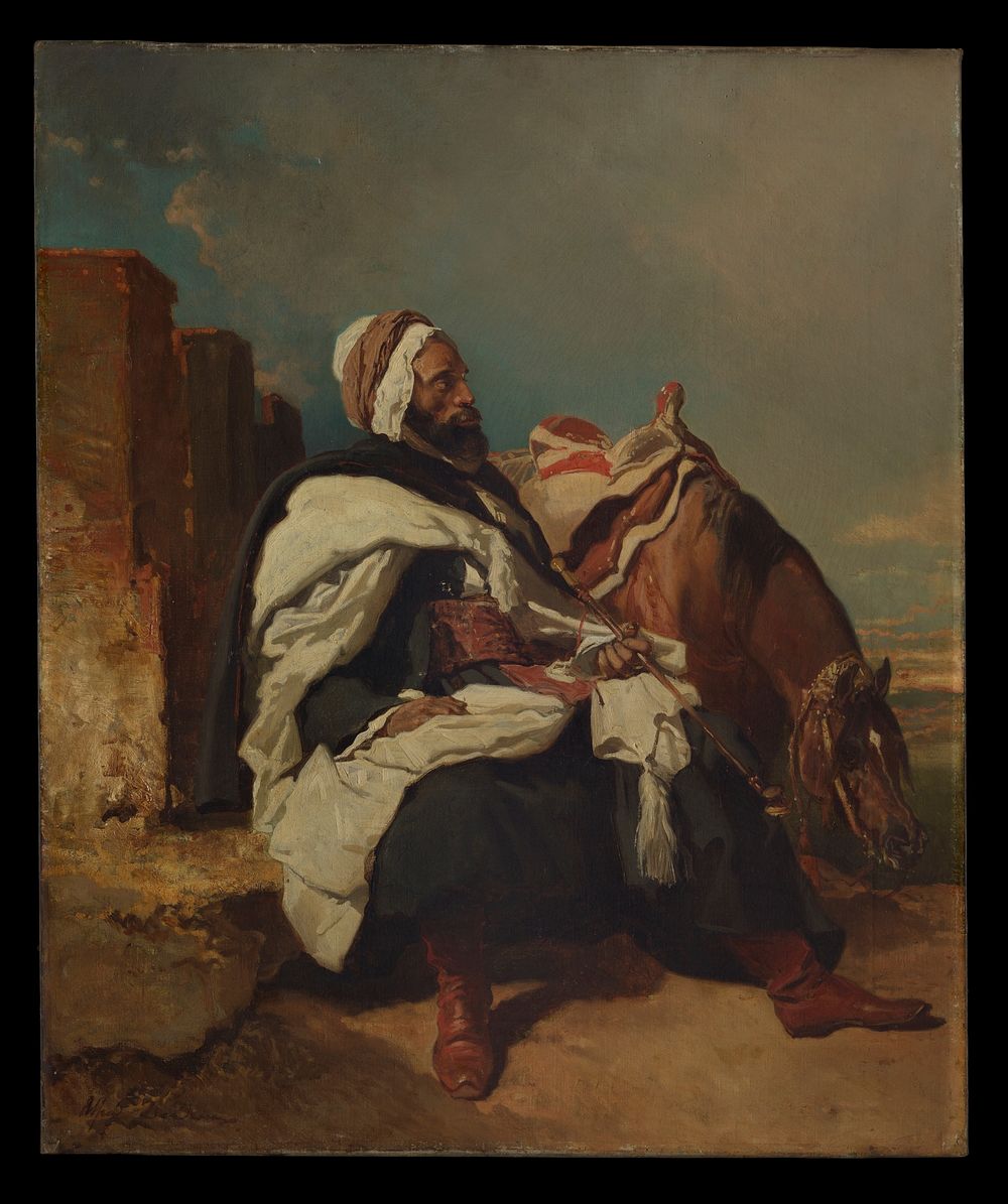 Seated Arab Man with Horse by Alfred Dedreux