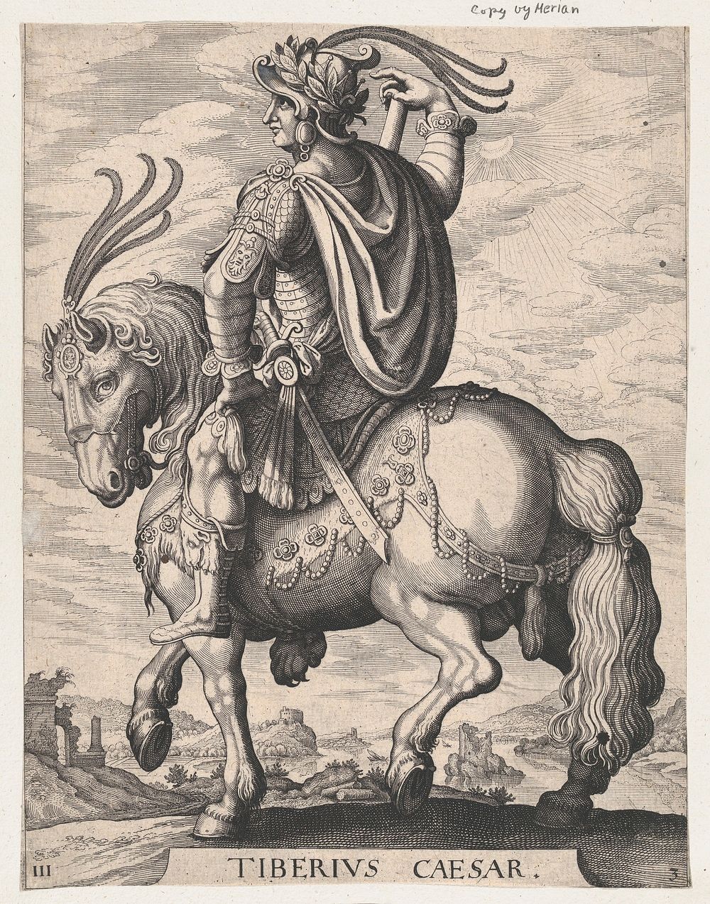 Plate 3: Emperor Tiberius on Horseback, from 'The First Twelve Roman Caesars', after Tempesta by Matth&auml;us Merian the…