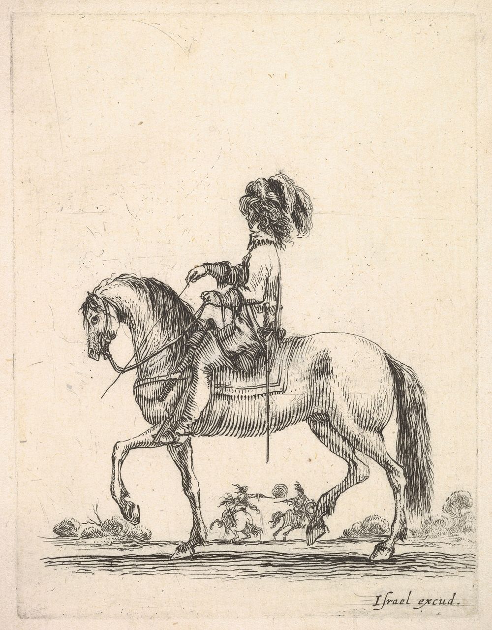 A horseman in profile walking to the left, two horsemen duel with pistols in the background, from 'Various cavalry…