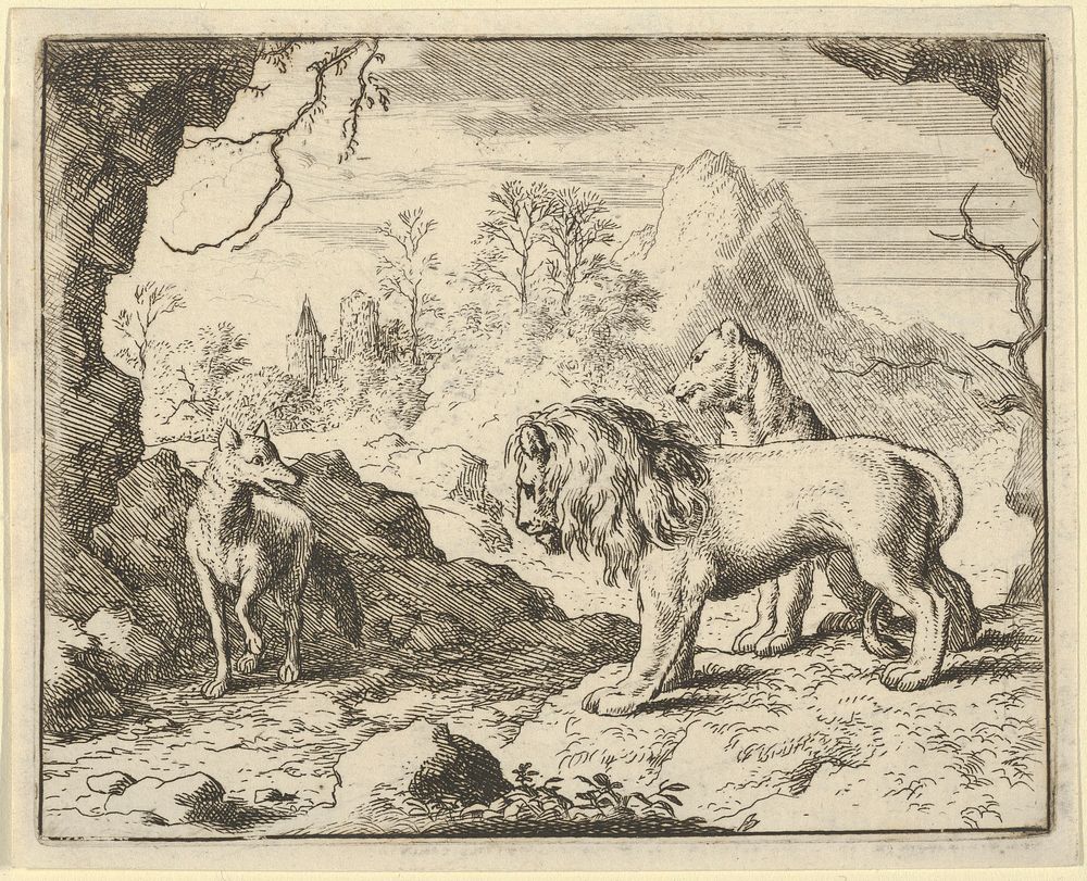 Renard Convinces the Lion and Lioness of Finding a Treasure His Father Stole from Them from Hendrick van Alcmar's Renard The…