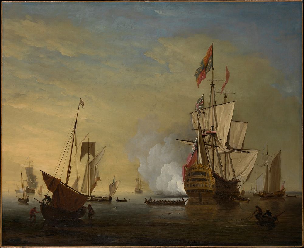 Harbor Scene: An English Ship with Sails Loosened Firing a Gun 