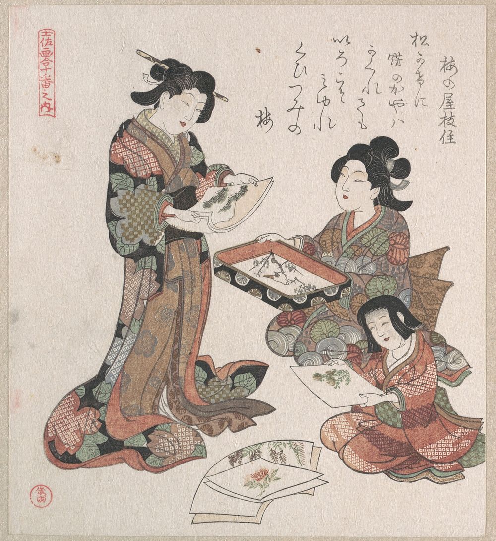 Two Women and a Girl Looking at Paintings by Kubo Shunman