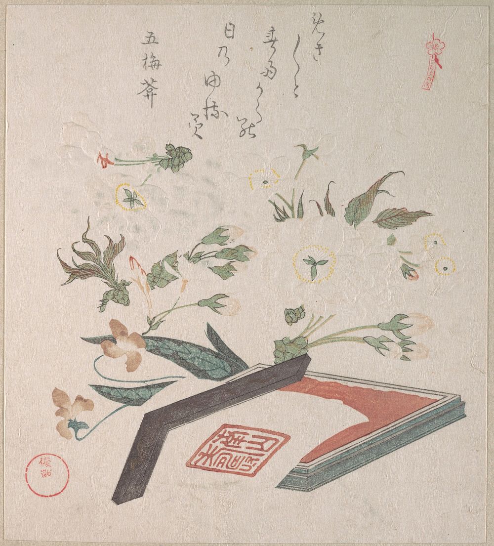 Cherry Blossoms and Seal-box with Ink and Ruler by Kubo Shunman