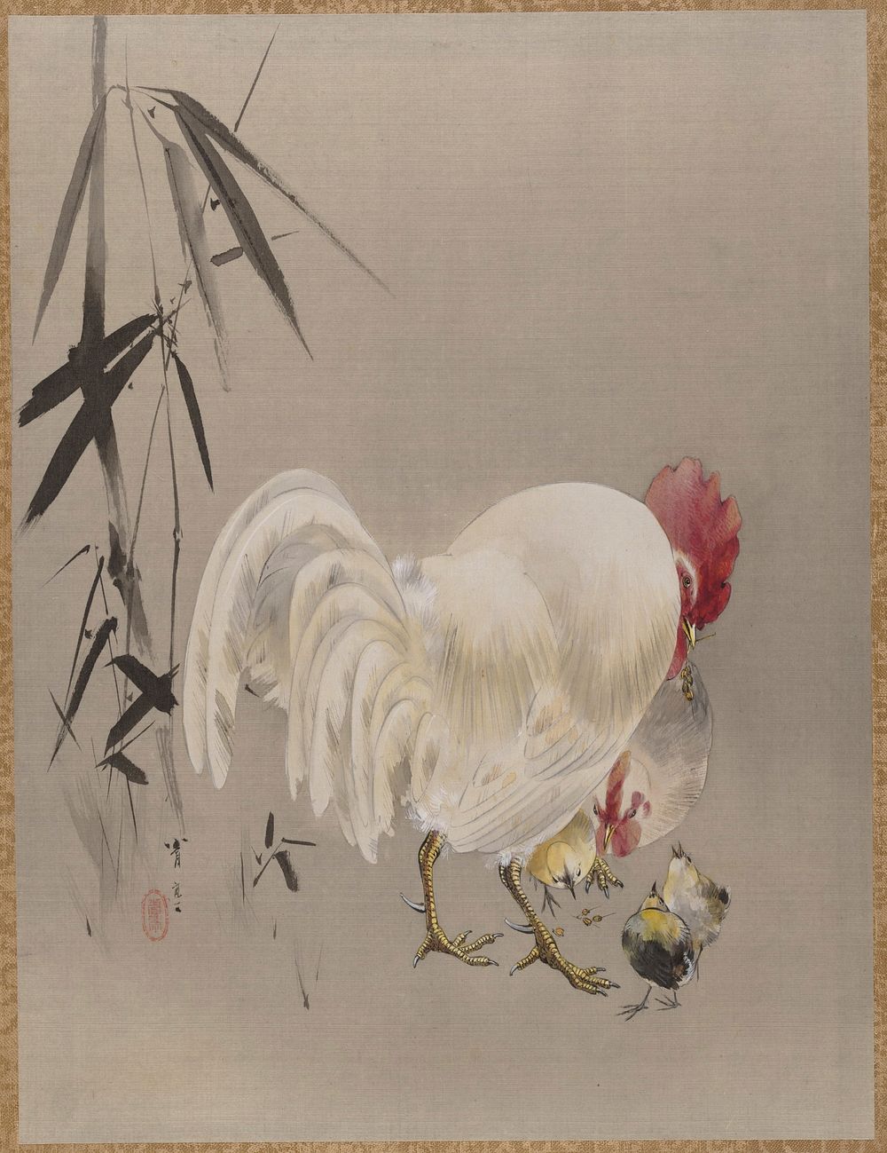 Rooster and Hen with Chicks by Watanabe Seitei