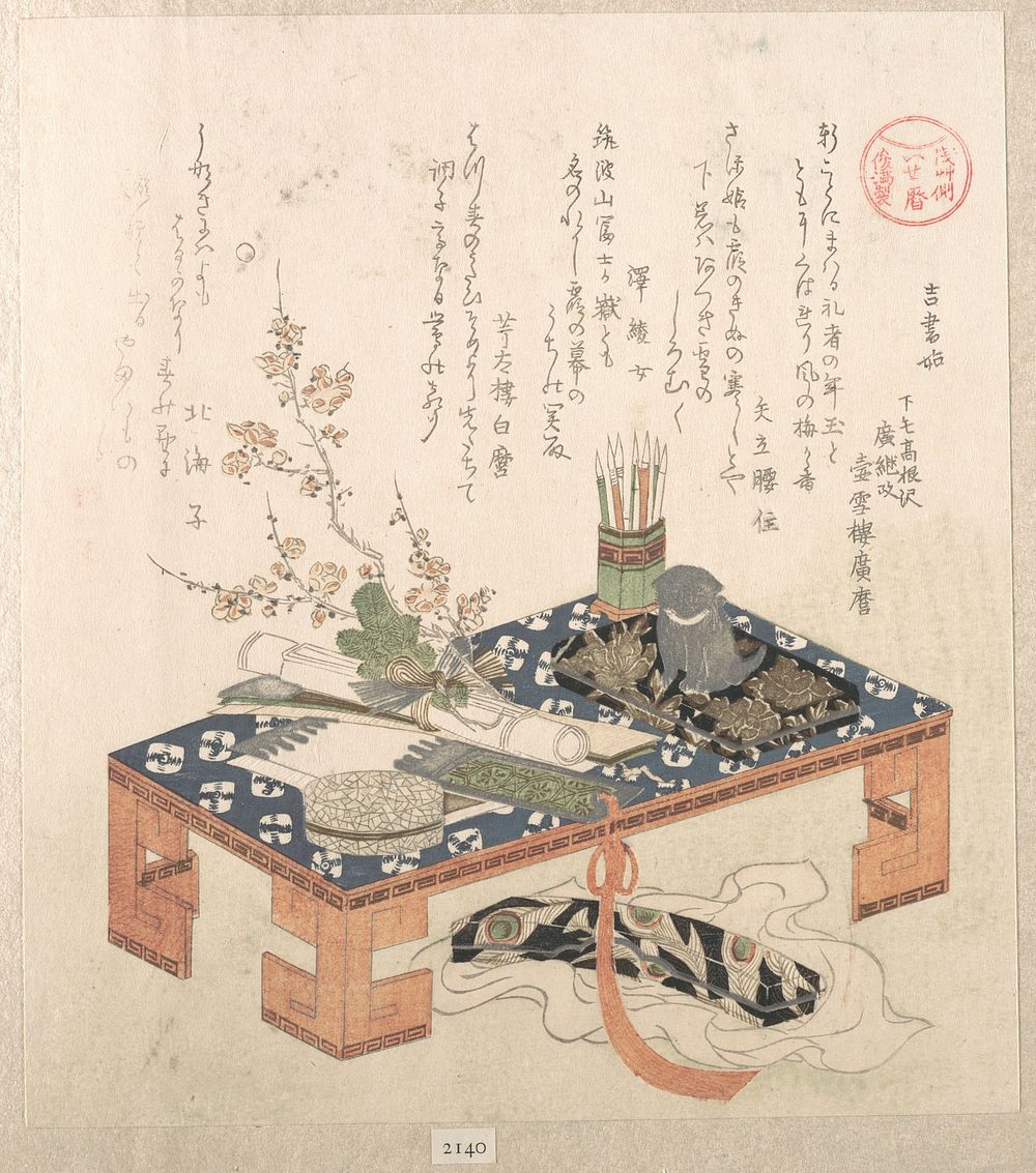 “Desk with Writing Set and Plum Flowers,” from the series Ise Calendars for the Asakusa Group (Asakusa-gawa Ise goyomi)From…