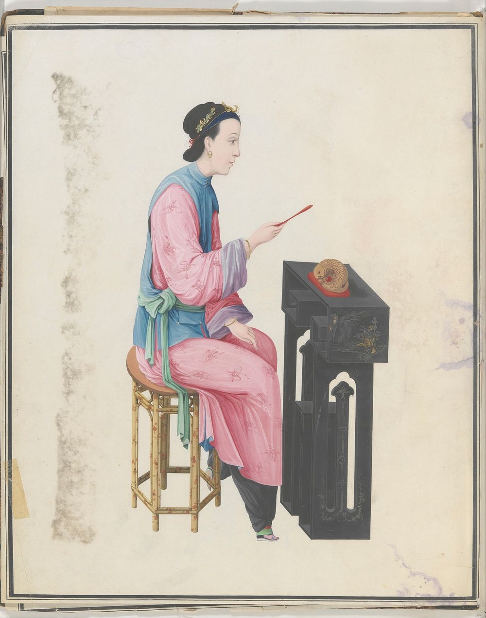 Watercolor of musician playing mu yu, Chinese