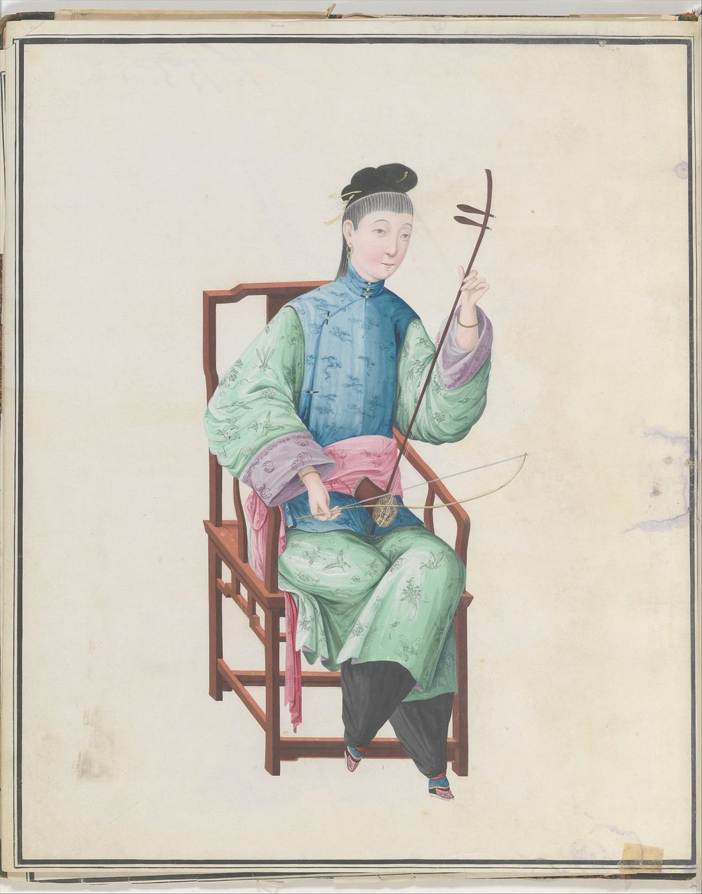 Watercolor of musician playing gaohu(?), Chinese