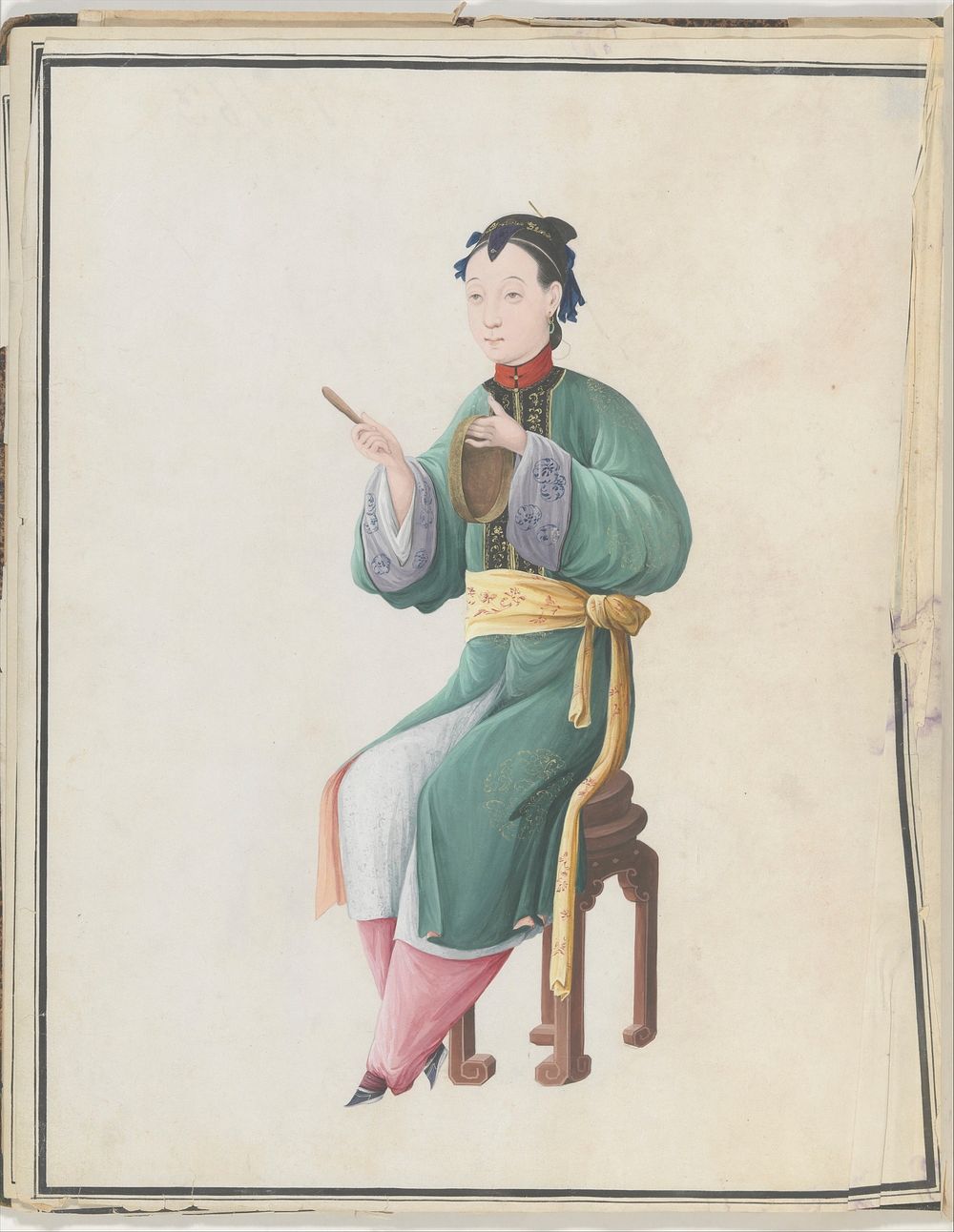 Watercolor of musician playing jiaoluo, Chinese