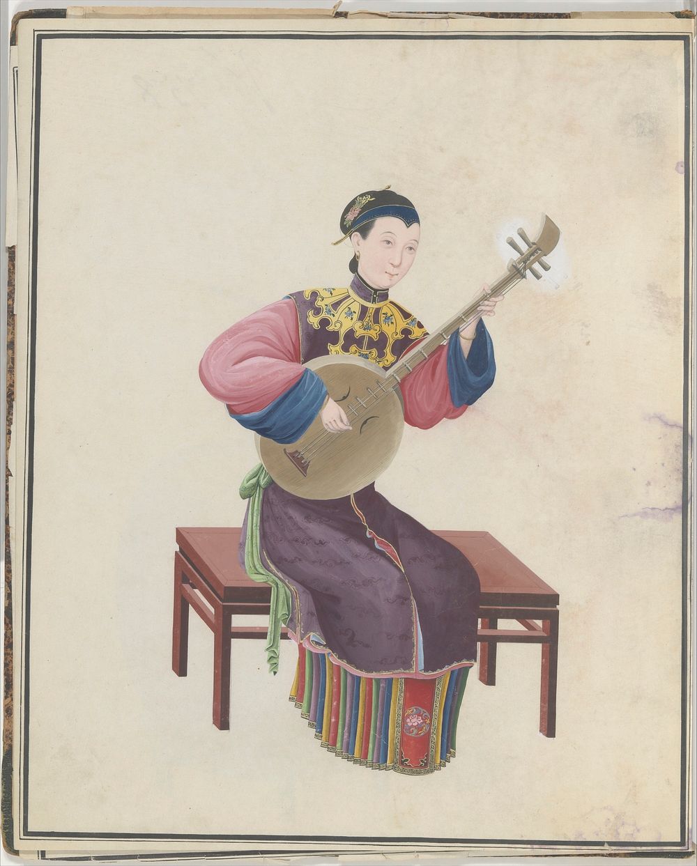 Watercolor of musician playing ruan(?)