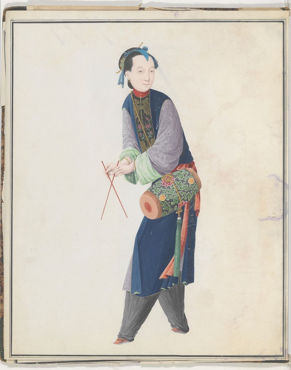 Watercolor of musician playing drum, Chinese