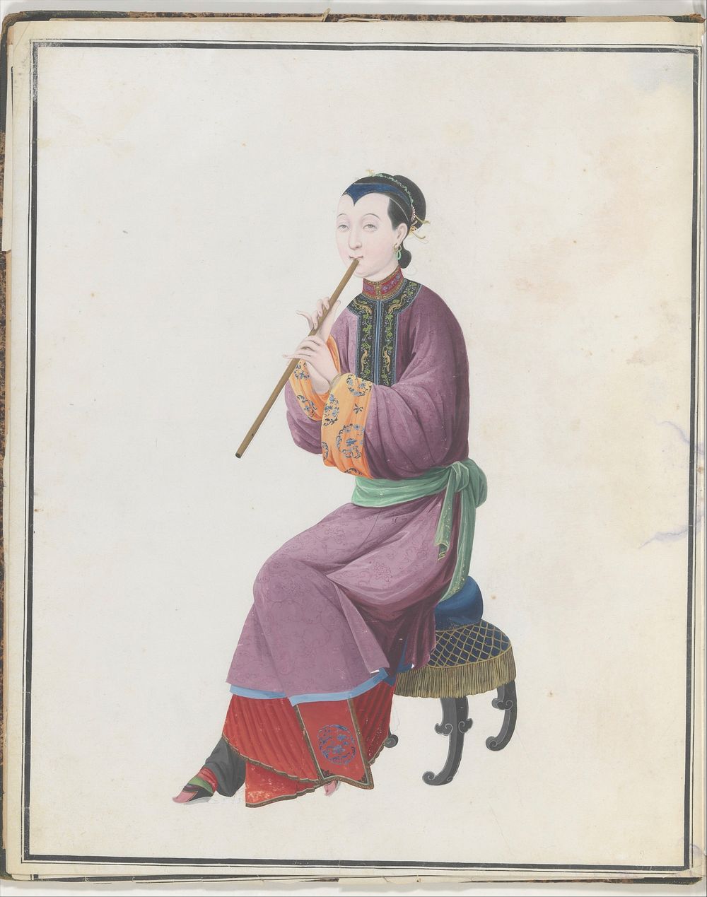 Watercolor of musician playing xiao, Chinese