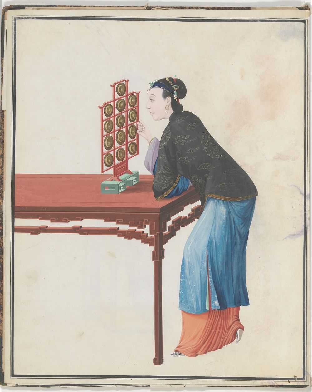 Watercolor of musician playing yunlo, Chinese