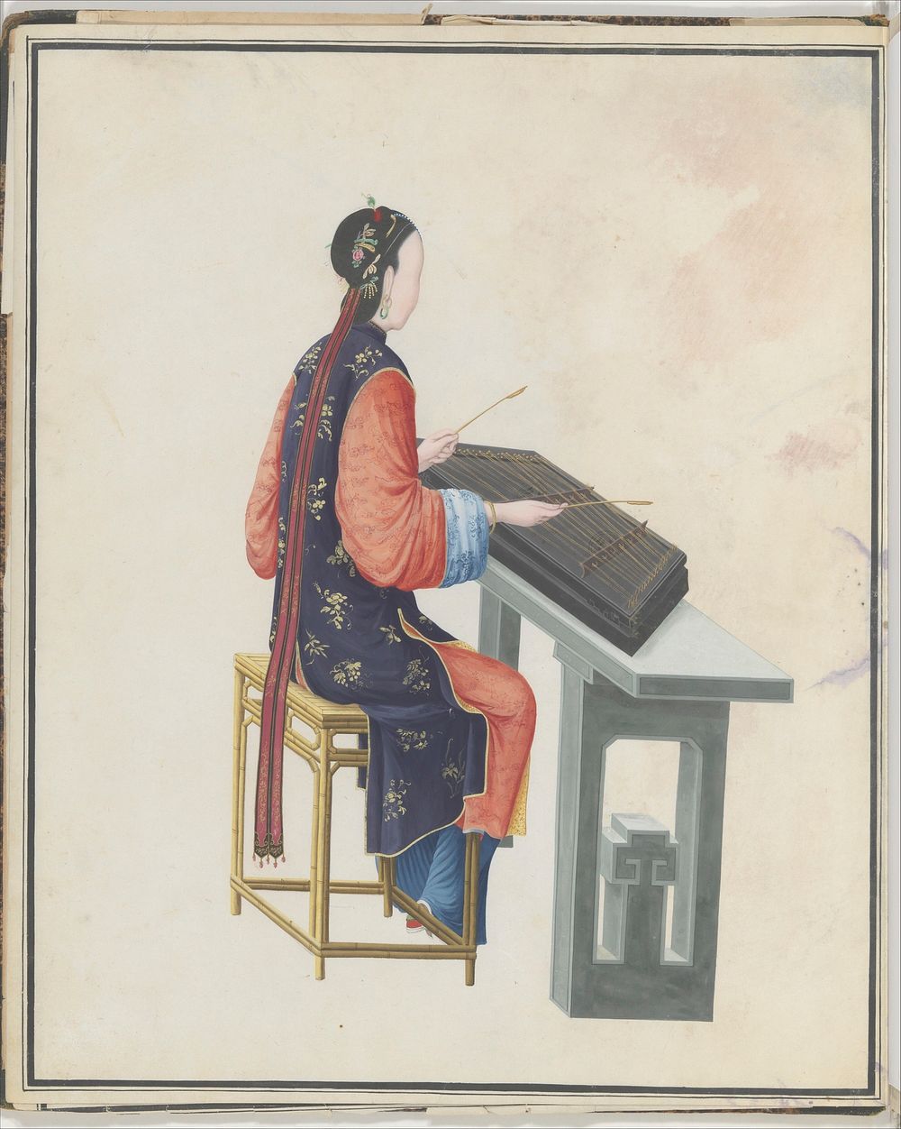 Watercolor of musician playing yangqin, Chinese