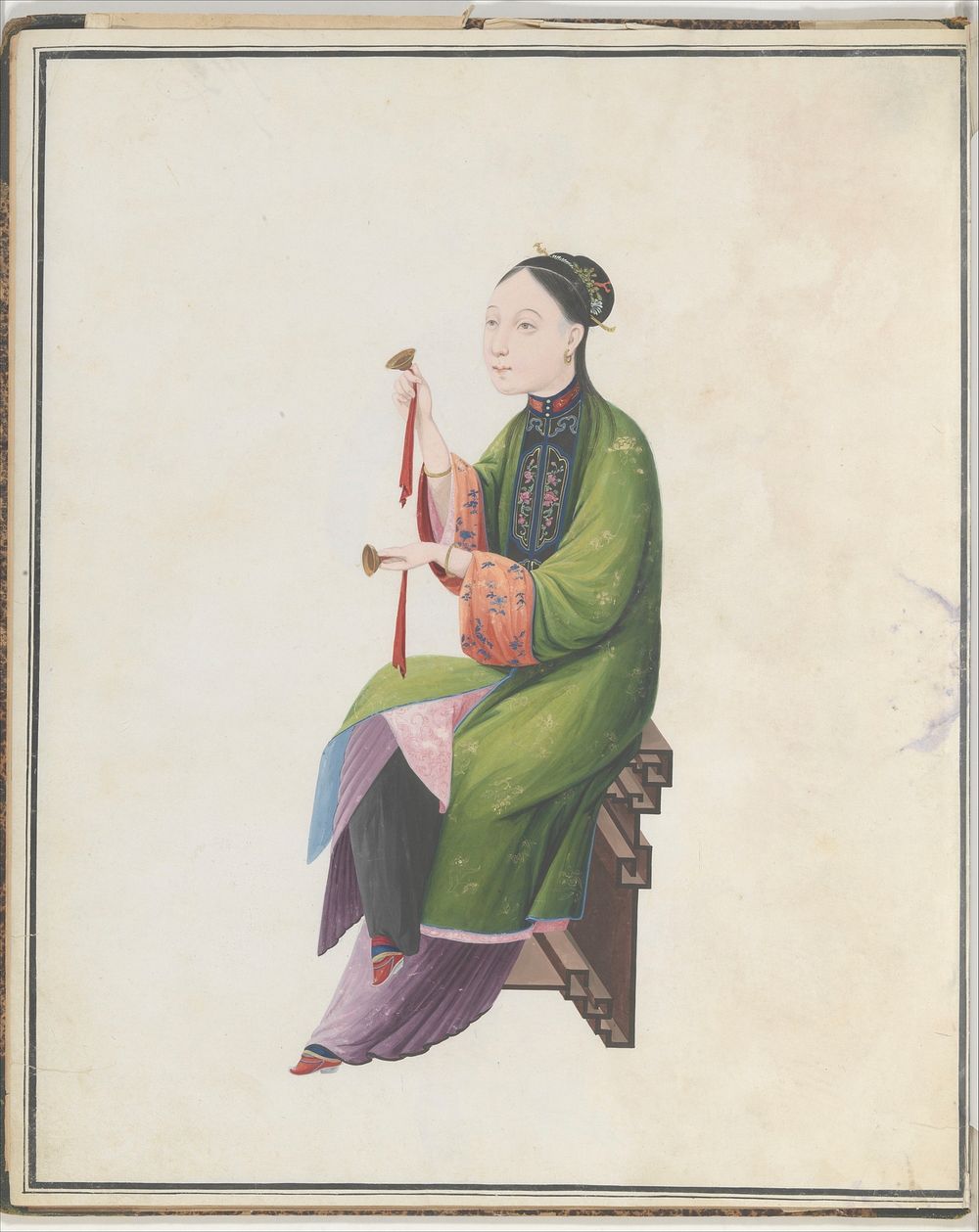 Watercolor of musician playing bo, Chinese