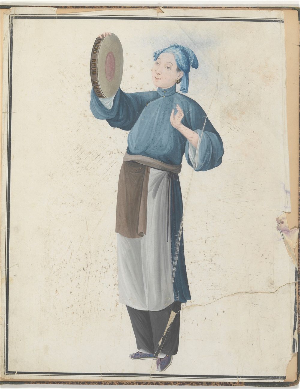 Watercolor of musician playing frame drum
