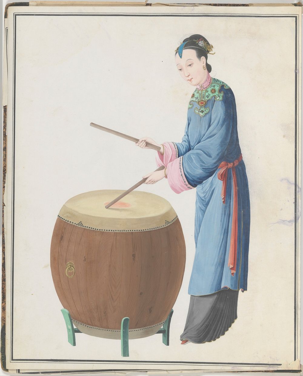 Watercolor of musician playing jingu