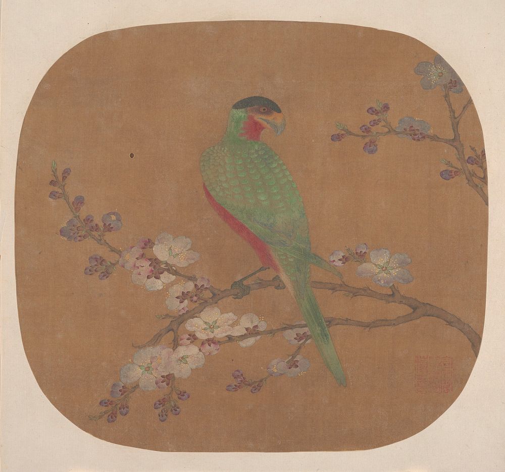 Parrot on Branch of Blossoming Tree by Unidentified artist