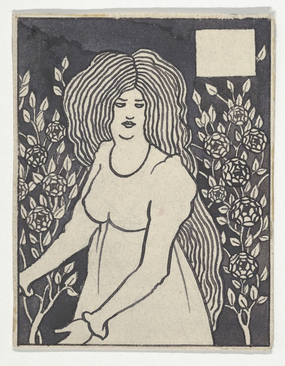 Long-haired Woman in Front of Tall Rosebushes (Chapter Heading, "Le Morte d'Arthur," J. M. Dent, 1893–4, Part IX, book xiii…