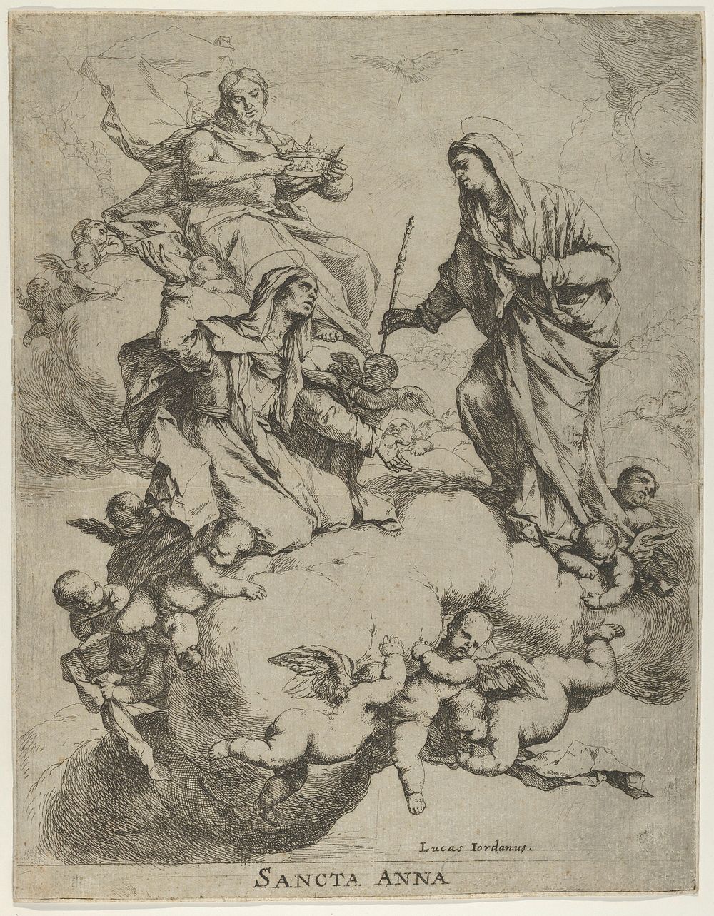 Christ holding a crown upper left, at right the Virgin receiving Saint  Anne in Heaven