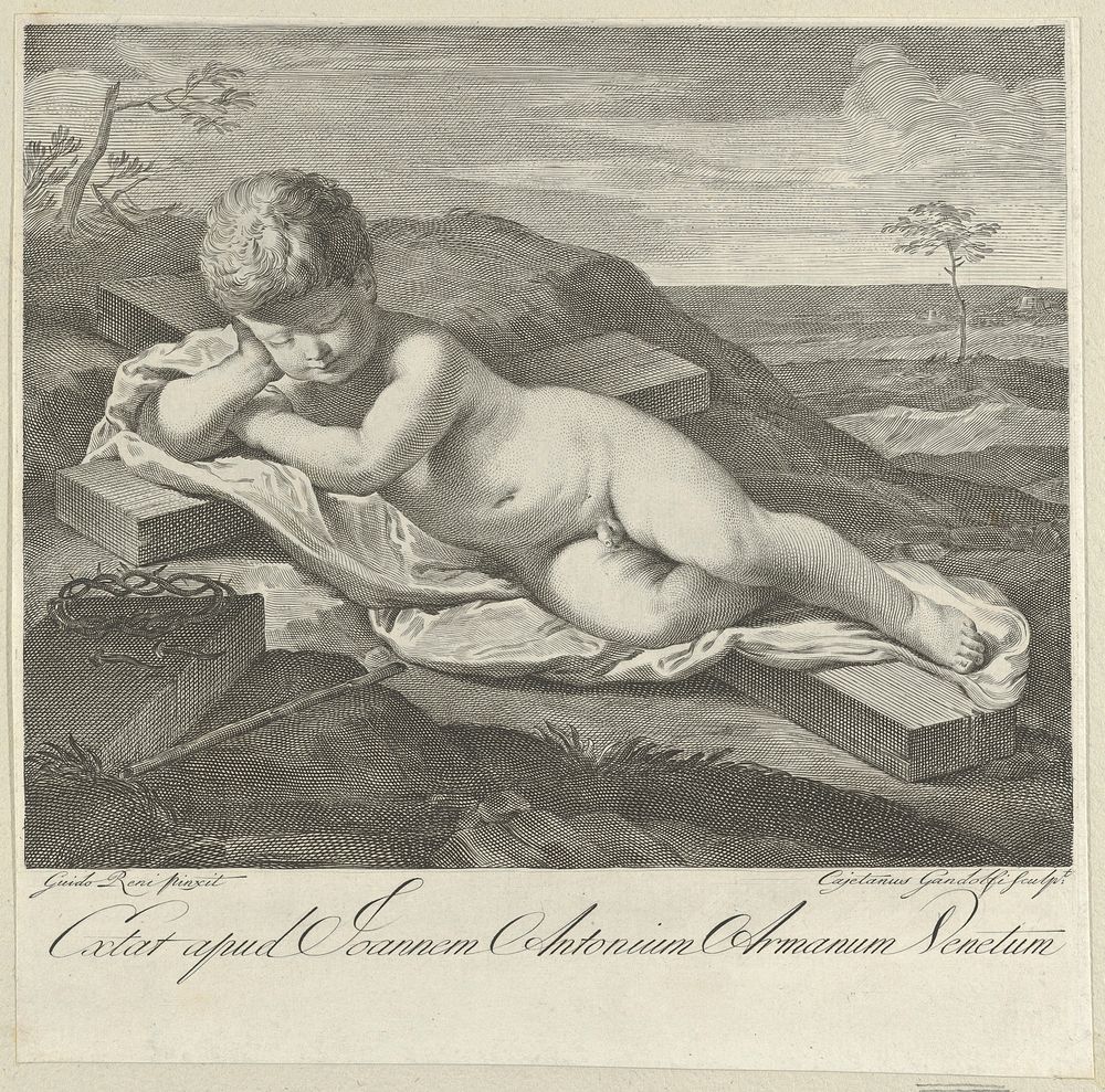 The Christ Child sleeping on a cross in a landscape, crown of thorns in the foreground, after Reni
