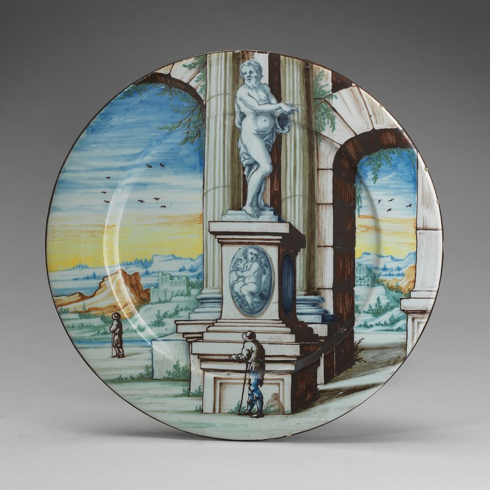 Dish with landscape and architectural ruins, painted by Siro Antonio Africa