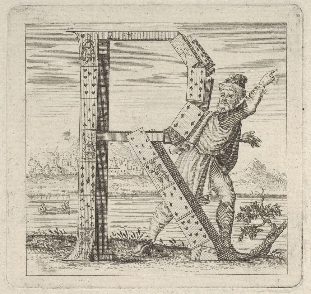 The letter R, constructed from a court pack of playing cards, stands on a riva (river bank) by Anonymous, Italian, 18th…