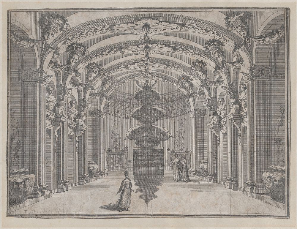 Theatrical scene in a great hall with a vaulted ceiling and a central sculpture; two figures converse in the background…