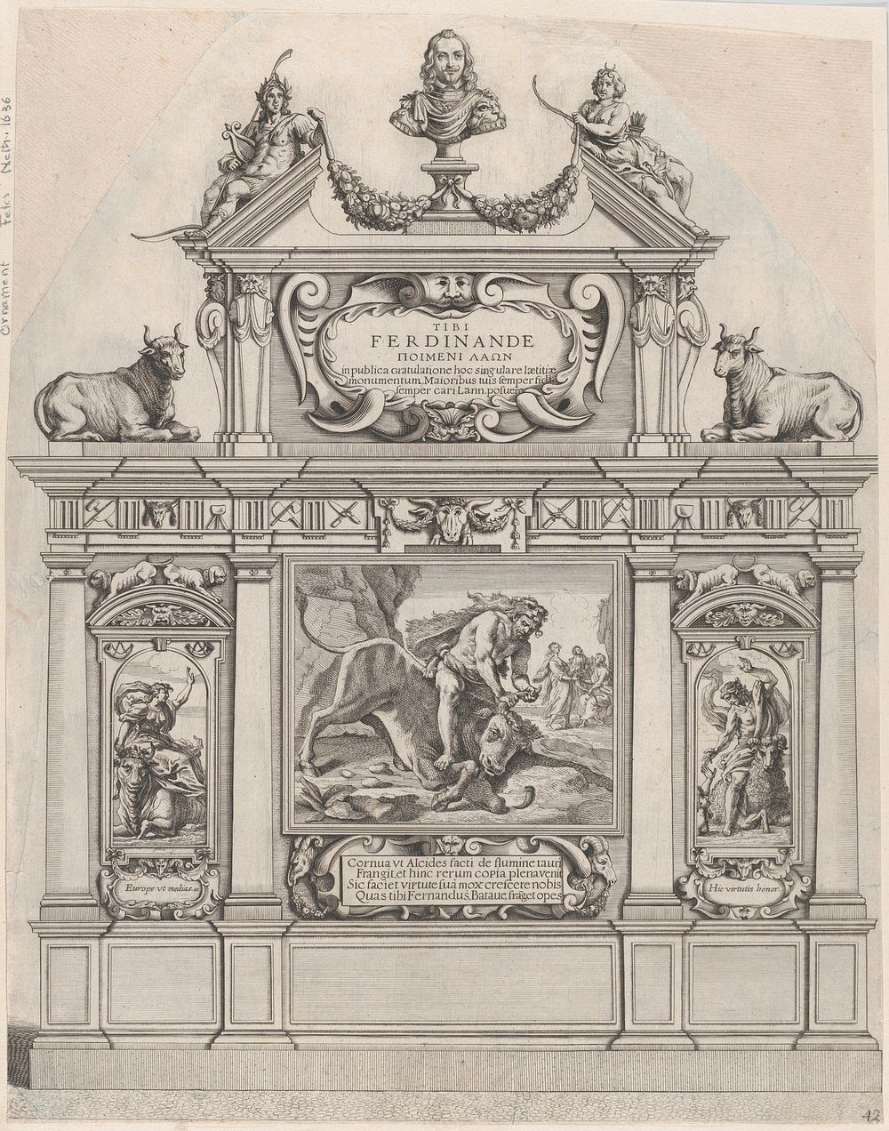 Plate 36: Triumphal arch, surmounted with a portrait bust of Ferdinand, flanked by sculptures of Apollo and Diana;…