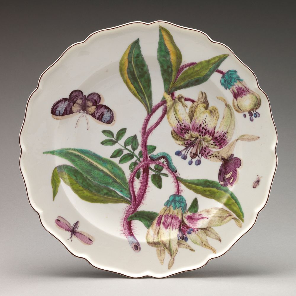 Botanical plate with spray of lilies, Chelsea Porcelain Manufactory