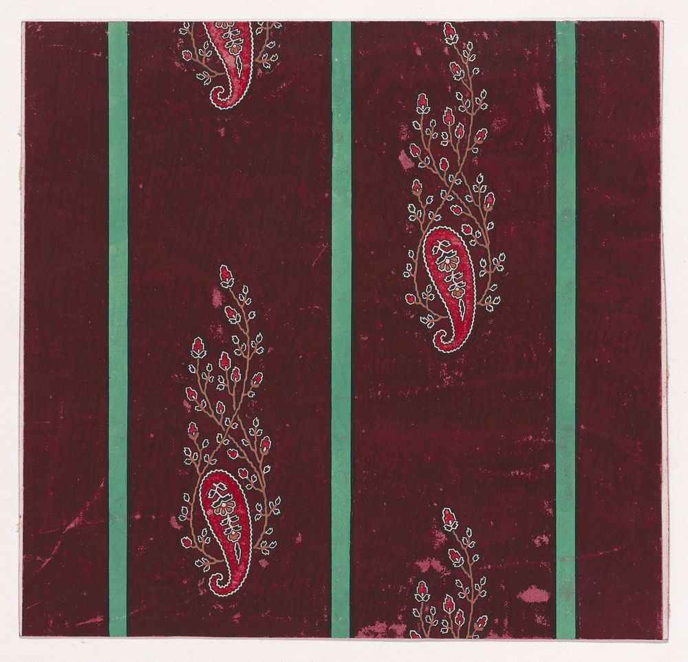 Textile Design with Vertical Rows of Paisley Motifs Flanked by Interlacing Branches with Stylized Flowers and Leaves…