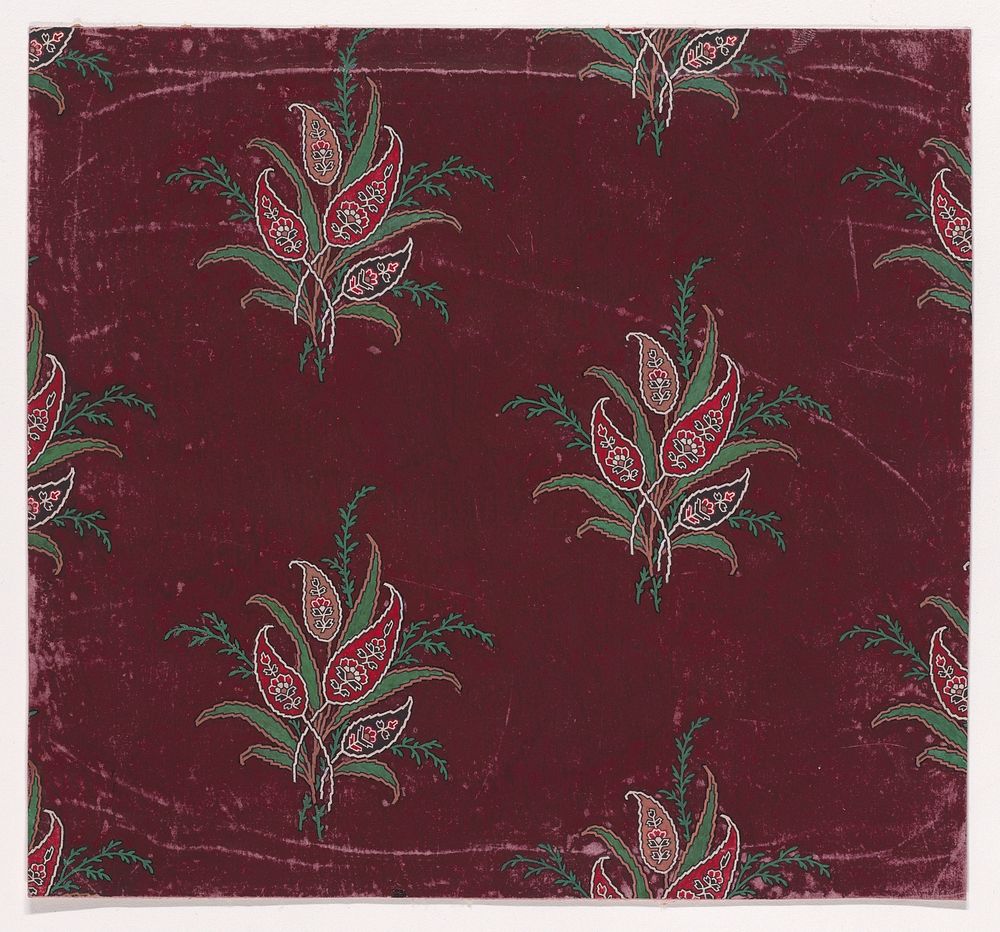 Textile Design with Bundles of Paisley Motifs, Stylized Leaves and Stylized Branches with Leaves